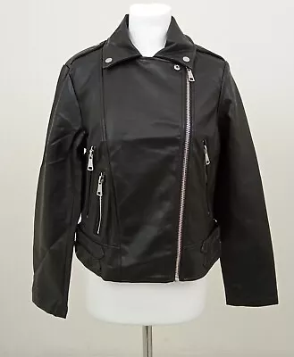 Buy Gemo Women's Jacket Black Faux Leather Zipped 3 Zip Pockets Epaulettes New F1 • 14.99£