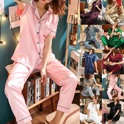 Buy Women Satin Pyjamas Nightwear PJs Set Ladies Silk Short Sleeve Button Sleepwear • 2.84£