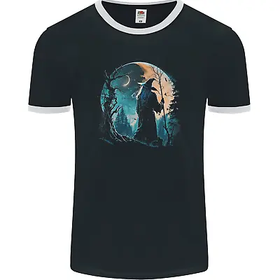 Buy A Wizard Looking At A Fantasy Moon Warlock Mens Ringer T-Shirt FotL • 9.99£