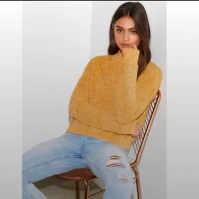 Buy Kendall + Kylie Cropped Chunky Knit Sweater L Cotton Pullover Mustard Yellow • 15.39£