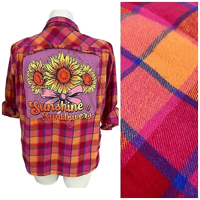 Buy Upcycled Flannel Shirt Womens XL Pink Plaid Boho Country Grunge Camp Flower • 37.77£