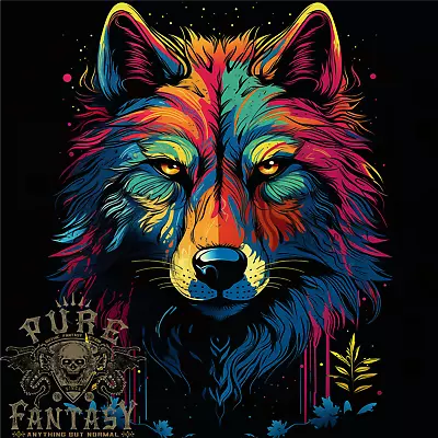 Buy Colourful Fantasy Wolf Face Mens T-Shirt 100% Cotton • 12.75£