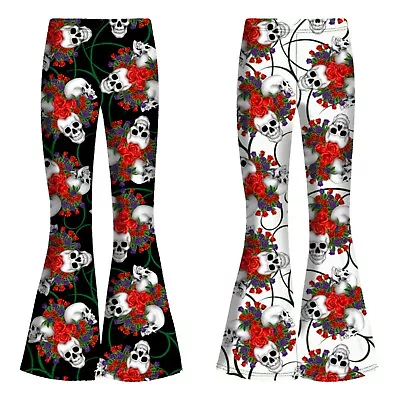 Buy Gothic Skull Floral Purple Red Roses Print High Waist Flare Leggings Alternative • 24.99£