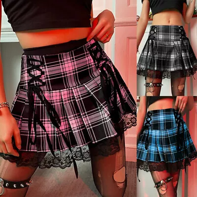 Buy Women Mini Goth Punk Girl Clothing Miniskirt Sexy Straps Lace Up Pleated Skirts • 9.88£
