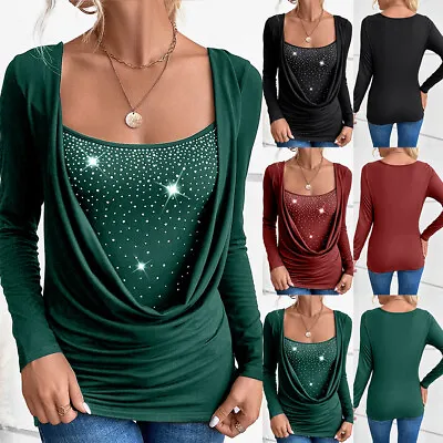 Buy Womens Sexy Double Layer Tunic Tops Ruched Long Sleeve Xmas Party T Shirt Blouse • 15.79£