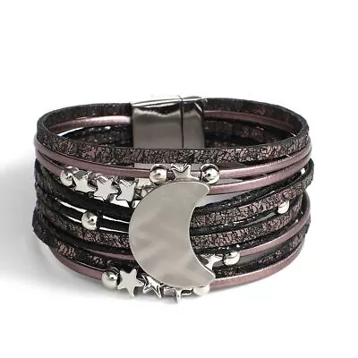 Buy Bohemian Metal Moon Stars Beads Charm Leather Wrap Bracelet Multilayer Jewelry • 9.64£