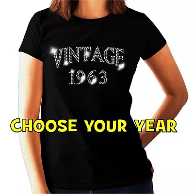 Buy Womens 60th Birthday Rhinestone T Shirt Vintage 1964 ANY DATE- ANY SIZE • 11.99£