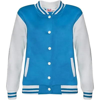 Buy Kids Girls Baseball Blue Jacket Varsity Style Plain School Jacket Top 2-13 Year • 11.99£