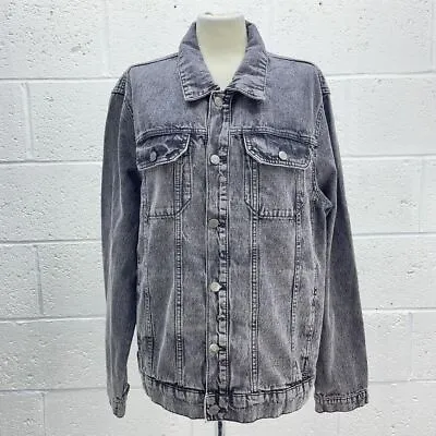 Buy Dark Grey Denim Jacket Uk Size L Distressed Heavyweight Button Up Cotton • 11.49£
