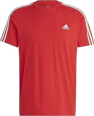 Buy Mens Adidas Essentials 3 Stripe Red Crewneck T-shirt - XL  BNWT *Genuine* • 15.95£