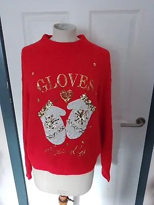 Buy H&M Christmas Jumper Red Sequins  GLOVES Actually  Small • 6£