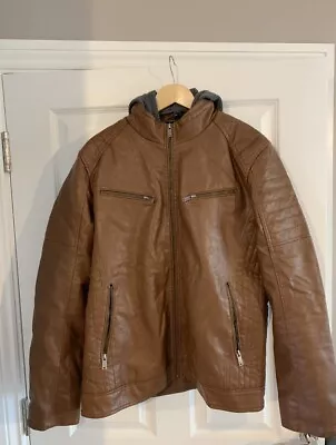 Buy Faux Leather Fleece Lined Jacket With Detachable Hood • 35£