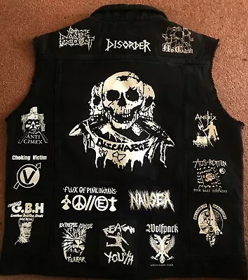 Buy Anarcho Crust Punk Battle Jacket Cut Off Patch Denim Vest Hardcore Crossover S • 180.66£
