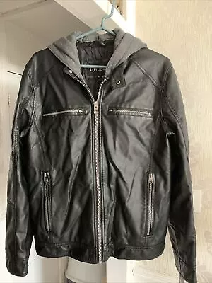 Buy Black Faux Leather Jacket Guess Motorcycle Style With Detachable Hood  Men’s M • 56£