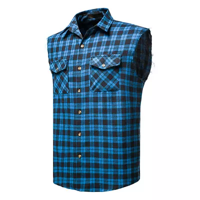 Buy Men's Casual Baggy Flannel T-Shirts Oversized Sleeveless Shirt Plaid Tee • 22.86£
