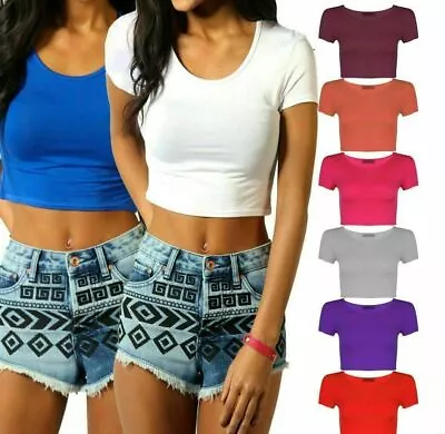 Buy Womens Cap Sleeve Crop Top Ladies Round Neck Stretch Plain Vest T Shirt  • 5.95£