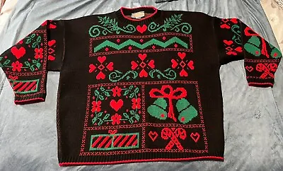 Buy Vintage Liz Baker Christmas Sweater Women’s Size 2X Black Red Green Bells Hearts • 17.10£