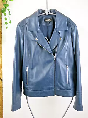 Buy Jaeger Leather Biker Jacket Size 16 Blue Zips Good Condition • 9.99£