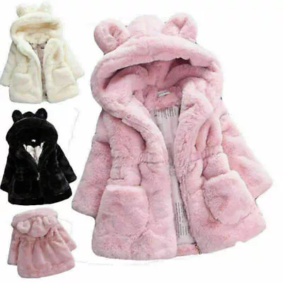 Buy Kids Girls Faux Fur Fleece Bunny Ears Coat Winter Warm Hooded Jacket Outwear Top • 12.49£