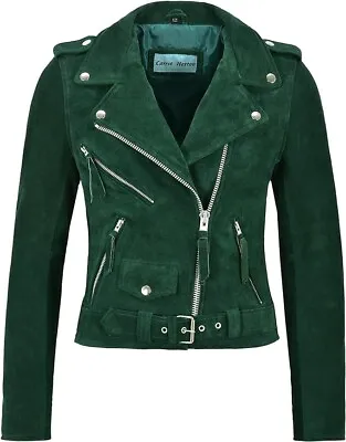 Buy Carrie Hoxto Ladies Brando Leather Jacket Green Suede Fitted Biker Motorcycle • 80£