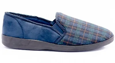 Buy Gents Slip On Checked Mens Navy Indoor Fitting Easy Hard Sole Comfy Slippers Sz • 8.95£