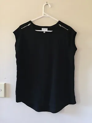 Buy Womens Witchery Linen Cap Sleeve Zip Woven Tee Splice Top T-Shirt Black Size S • 18.11£