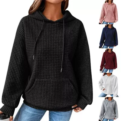 Buy Ladies Plain Long Sleeve Hoodies Check Hooded Jumper Sweatshirt Loose Pullover • 22.39£