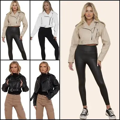 Buy Womens Biker Jacket Belted Faux Leather Long Sleeve Zip Pockets Bomber Crop Coat • 25.99£