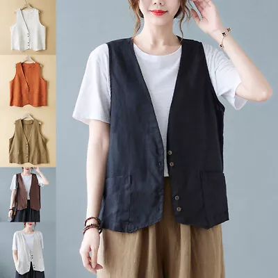 Buy Women Cotton Linen Sleeveless Vest Coat Ladies Buttons Waistcoat Casual Tank Top • 12.99£