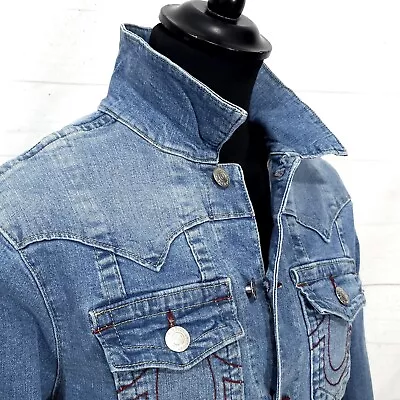 Buy ⭐ Genuine True Religion Jimmy Trucker Stretch Blue Denim Jeans Jacket Size S • 69.99£