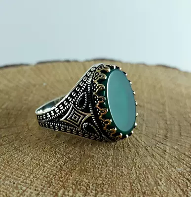 Buy 925 Sterling Silver Handmade Men's Ring With Oval Shape Green Emerald Stone • 57.83£