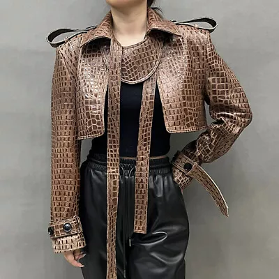 Buy Lady Cropped Genuine Leather Jacket Crocodile Sheepskin Motorcycles Short Coat • 149.98£