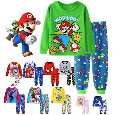 Buy Kids Boys Girls Super Mario Pyjamas Long Sleeve T-Shirt Shorts Set Age 1-7 Years • 7.49£