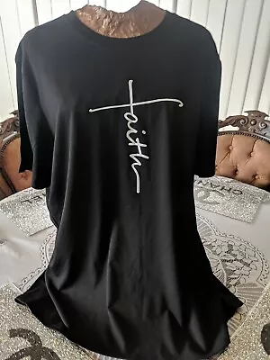 Buy Size XL(48  Bust)Black Scoop Neck Short Capped Sleeves Faith Slogan T Shirt Top • 4£
