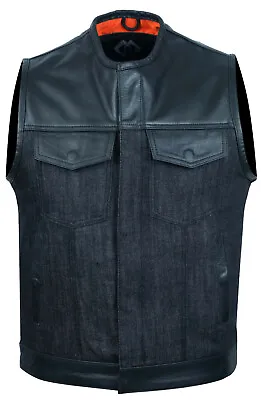 Buy Cut Off Black Denim Mens Vest Waistcoat Gilet Biker Motorcycle Jeans Leather • 50£