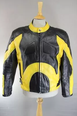 Buy Black & Yellow Leather Biker Jacket With Shoulder & Elbow Ce Armour 42-44 Inch/l • 59£