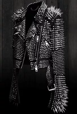 Buy New Women's Punk Full Black Silver Metal Long Spiked Studded Brando Biker Jacket • 163.32£