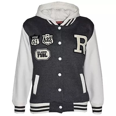 Buy Kids Girls Boys Charcoal R Fashion Baseball Hooded Jacket Varsity Hoodie 2-13 Yr • 11.99£