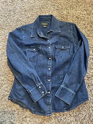 Buy Vintage Eddie Bauer Pearl Snap Denim Jacket Women's Medium Blue Pockets Cotton • 17.20£