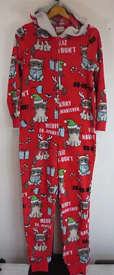 Buy Grumpy Cat Hooded One PIece Zip Fleece Pajamas Womens Size S 4-6 Red Christmas • 25.66£
