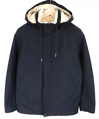 Buy SANDRO Men Jacket S Marine Blue Classic Hooded Faux Fur Deck Parka Pure Cotton • 249.99£