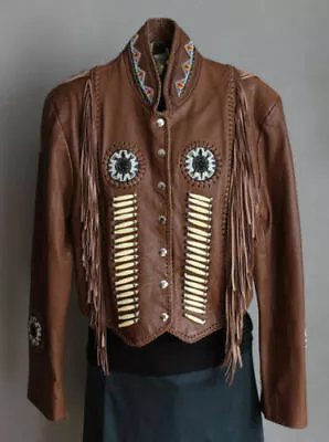 Buy MEN-WOMEN Brown Western Wear Cowhide Leather Coat, Jacket Fringed Bones & Beads • 139.99£