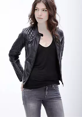 Buy Womens Retro Black Biker Style Real Leather Quilted Motorcycle Cafe Racer Jacket • 90.14£