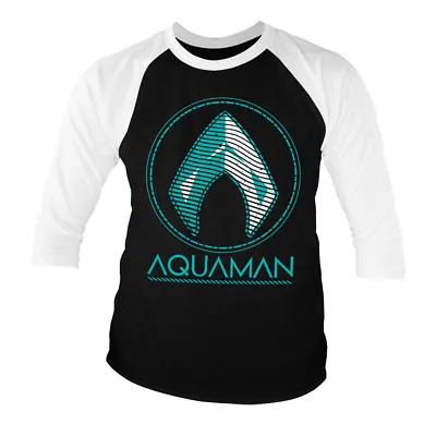 Buy Officially Licensed Aquaman- Distressed Shield Baseball 3/4 Sleeve T-Shirt S-XLL • 24.12£