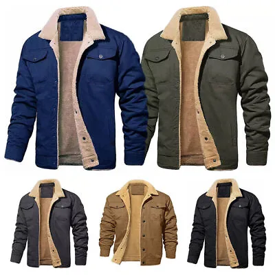 Buy Men Winter Coat Fleece Cargo Jacket 4 Pockets Lapel Collar Trucker Cotton Work • 24.66£