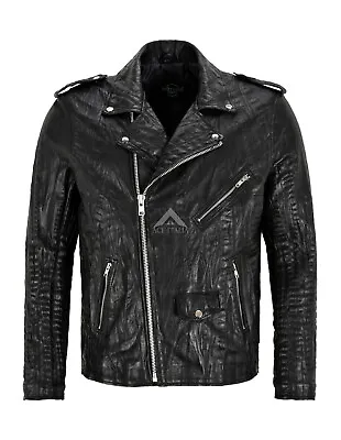 Buy Men's Croc Print Brando Jacket Black Lamb Leather Classic Biker SR-MBF • 124.18£