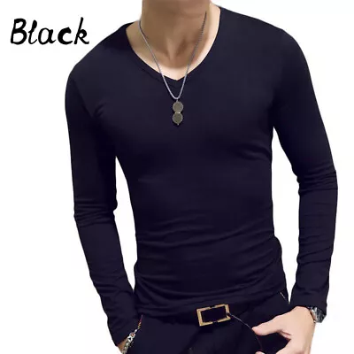 Buy Mens Long Sleeve T-Shirt Comfortable Slim Fit Cotton Tee Plain V Neck Basic Tops • 8.96£