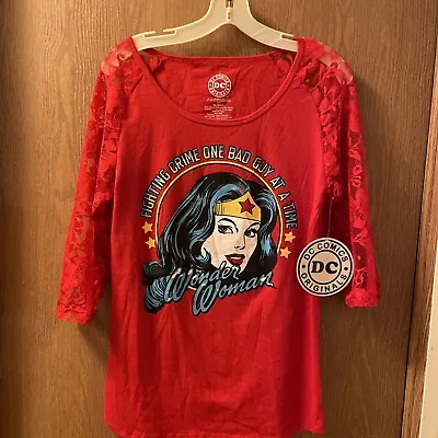 Buy New DC Wonder Women Comic Red TShirt Lace 3/4 Slves XL Jr More Like Medium Gift • 17.35£