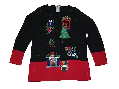 Buy BP DESIGNS Christmas Sweater Tunic Large Black/Red Pullover Beaded Embroidered • 23.62£