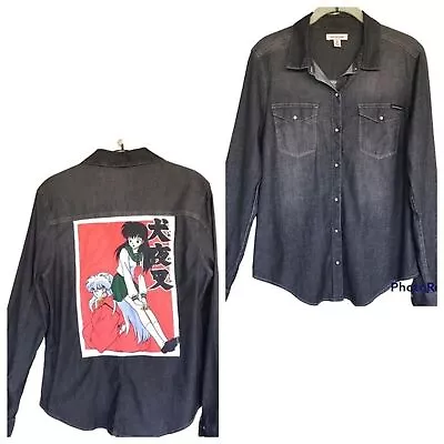 Buy Calvin Klein Pearl Snap Chambray Shirt Size M Gray Inuyasha Patch Anime Y2K 00's • 23.60£